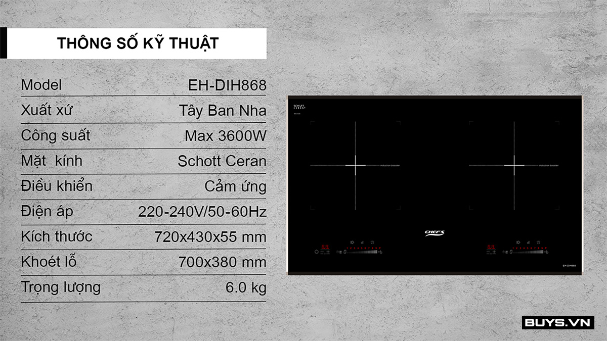 Bếp từ đôi Chefs EH-DIH868 - thông số kỹ thuật