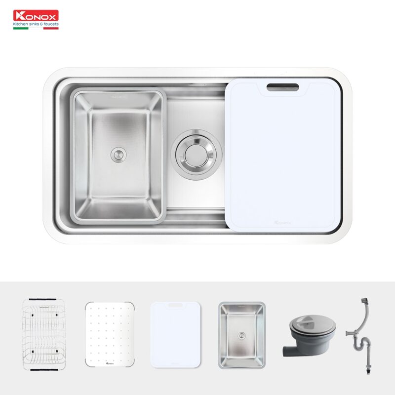 Sự tích hợp thông minh của các phụ kiện như siphon, giá úp bát inox, chậu rửa nhỏ, thớt nhựa, và thớt inox lỗ mang lại trải nghiệm làm bếp thuận tiện.