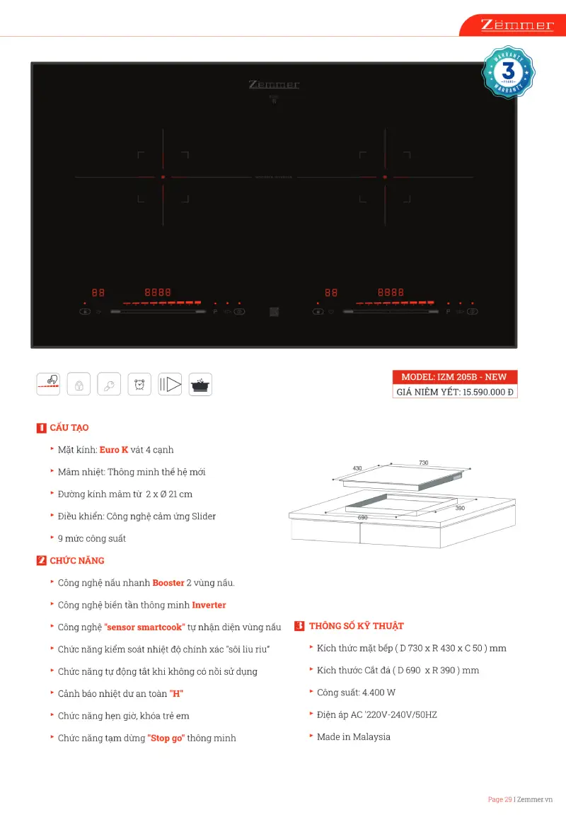 Bếp từ Zermmer IZM 205B thông số 