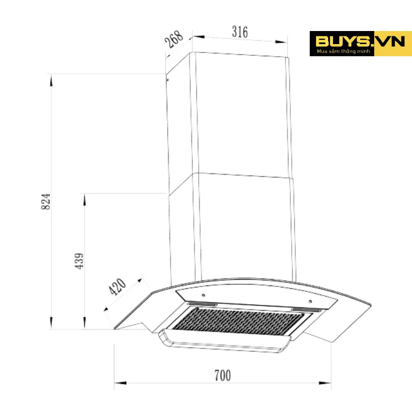 Máy hút mùi gắn tường Faster FS CH750B - kích thước