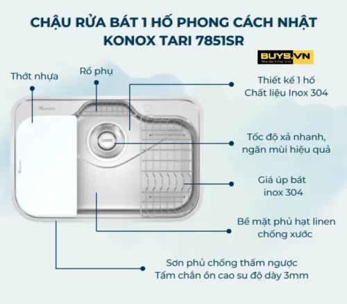 Chậu rửa bát 1 hố Konox Tari 7851SR - thông tin