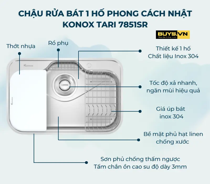 Chậu rửa bát 1 hố Konox Tari 7851SR - thông tin