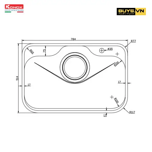 Chậu rửa bát 1 hố Konox Tari 7851SR Basic - kích thước