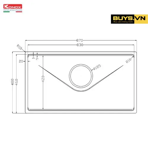 Chậu rửa bát 1 hố Konox Tari 8748SR Basic - kích thước