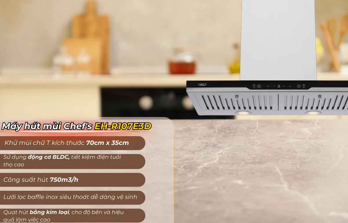 Máy hút mùi Chefs EH-R107E3D - thiết kế phù hợp với tủ bếp