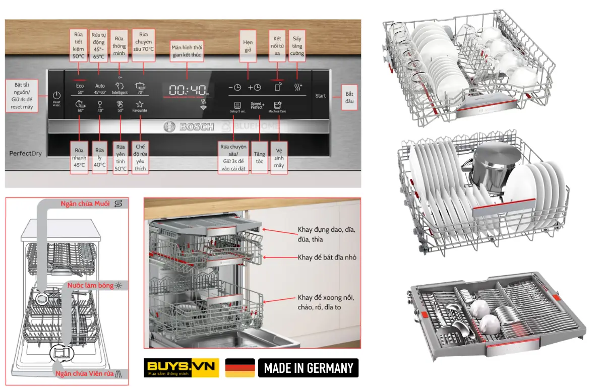 Máy rửa bát bán âm Bosch SMI6ZCS16E - dung tích lên đến 14 bộ - 3 giàn rửa 