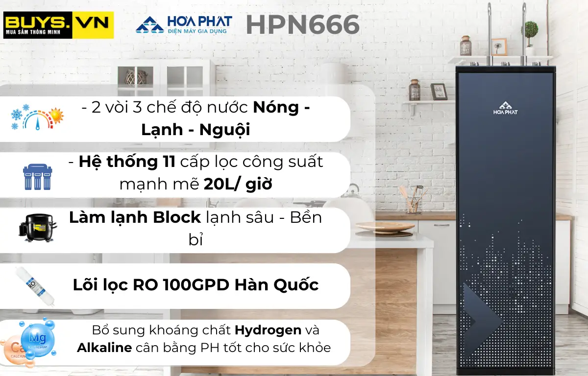 Máy lọc nước nóng lạnh Hòa Phát HPN666 công suất lọc 20L/h