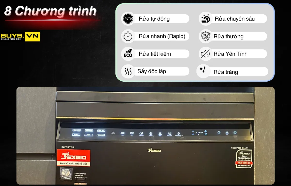 Máy rửa bát độc lập TEXGIO TGDH 795B Smart Plus -Chương trình rửa
