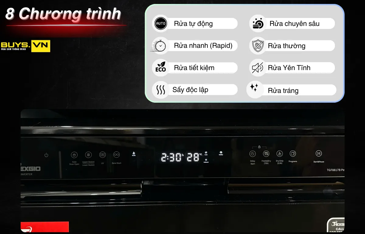 Máy rửa bát độc lập TEXGIO TGF8817B 8 chương trình rửa 