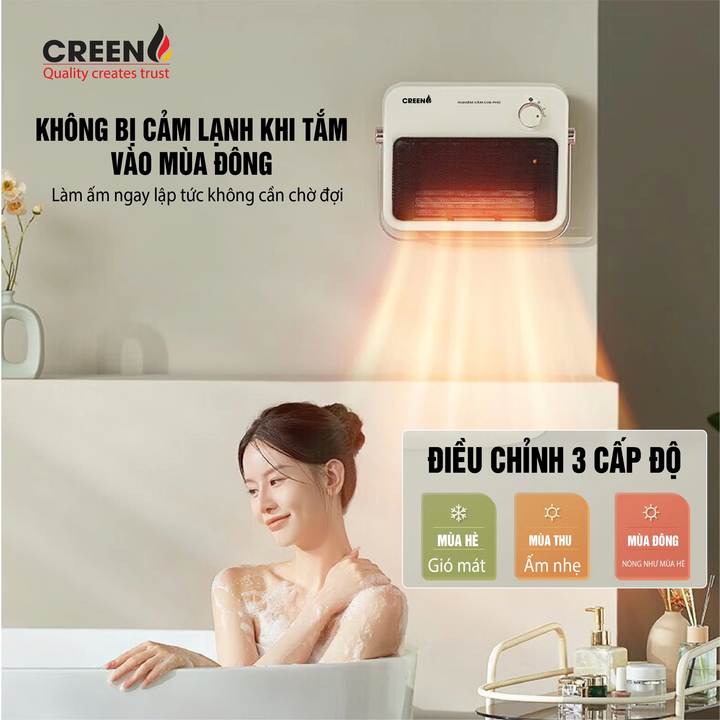 Máy sưởi gốm treo tường Creen CR-H38C- treo tùy thích không cần khoan lỗ