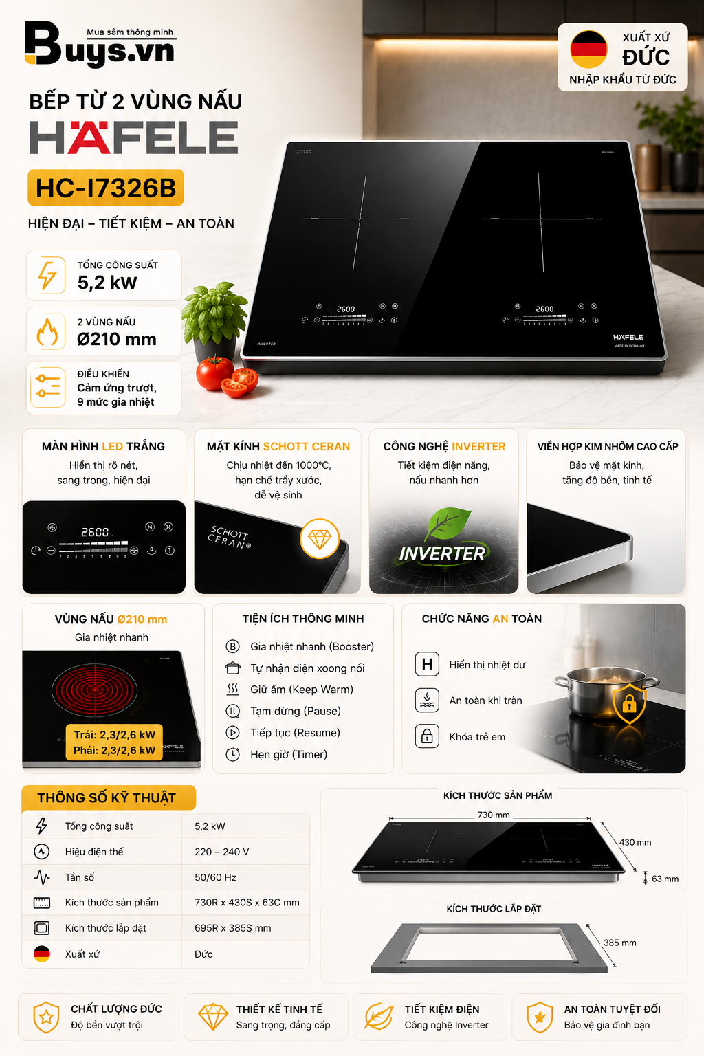 BẾP TỪ 2 VÙNG NẤU HC-I7326B HAFELE 533.09.989