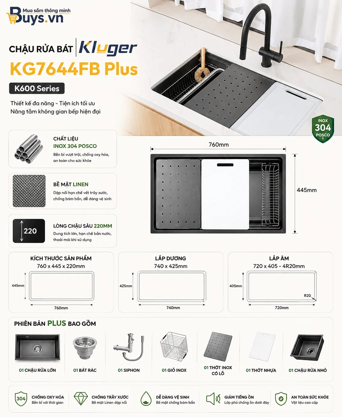 Chậu rửa bát Kluger KG7644FB Plus