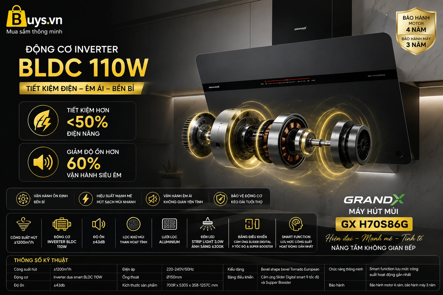 Máy hút mùi GRANDX GX H70S86B
