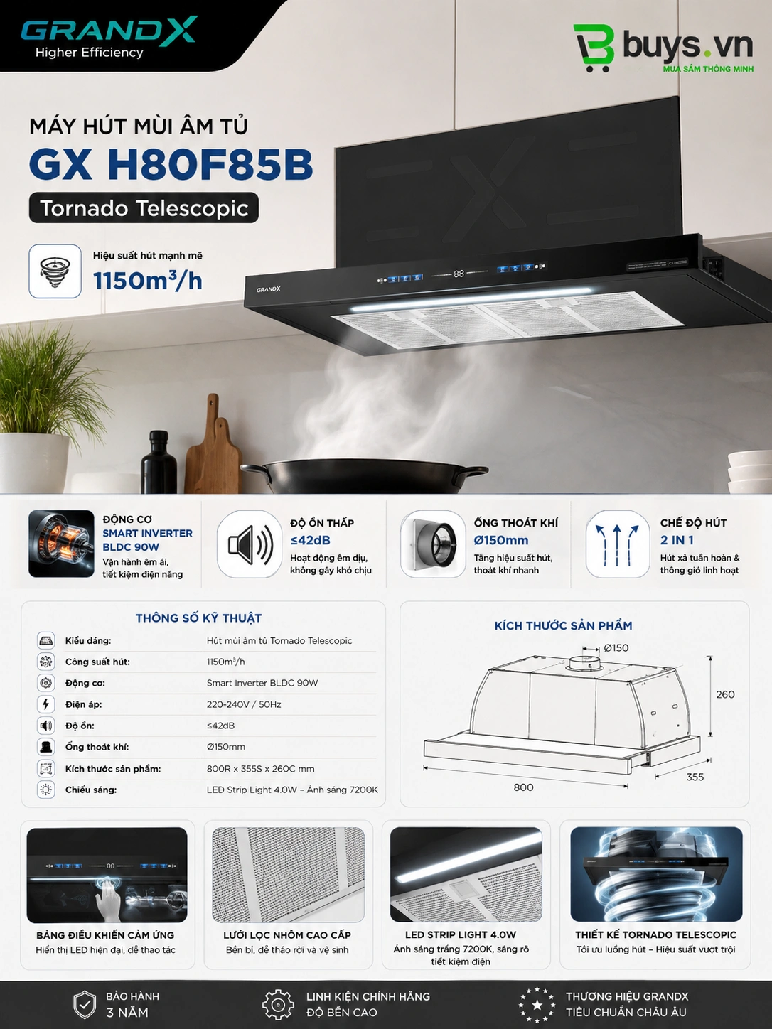 Máy hút mùi GrandX GX H80F85B