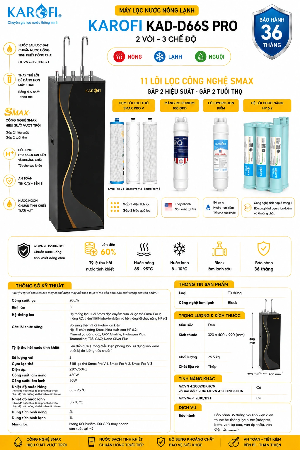 Máy lọc nước nóng lạnh Karofi KAD-D66S PRO