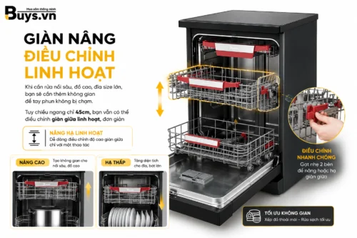 CHỨC NĂNG GIÀN NÂNG ĐIỀU CHỈNH LINH HOẠT - TỐI ƯU HÓA KHÔNG GIAN BÊN TRONG Một trong những điểm cộng lớn nhất về thiết kế nội thất của máy rửa bát Texgio TGF87W45B Elite chính là hệ thống giàn nâng điều chỉnh linh hoạt. Mặc dù sở hữu kích thước chiều ngang khá khiêm tốn chỉ 45cm (chuẩn Slimline), không gian bên trong máy lại được nhà sản xuất tính toán và tối ưu hóa một cách đáng kinh ngạc. Giải quyết bài toán đồ vật quá khổ: Trong quá trình nấu nướng, chắc chắn bạn sẽ phải làm sạch những vật dụng cồng kềnh như nồi canh sâu lòng, lọ thủy tinh cao, hoặc các loại đĩa size lớn. Thay vì phải chật vật xếp đồ, bạn có thể dễ dàng nâng lên hoặc hạ xuống giàn rửa ở giữa chỉ với một thao tác đơn giản. Bảo vệ hệ thống tay quay phun nước: Việc mở rộng không gian theo chiều dọc giúp các vật dụng cao lớn ở giàn dưới không bị vướng hay chạm vào tay phun nước (spray arm). Điều này đảm bảo tay quay được xoay tròn tự do, phun các tia nước áp lực cao tiếp cận đến mọi ngóc ngách của bát đĩa. Máy rửa bát Texgio TGF87W45B Elite- Bus.vn (6)