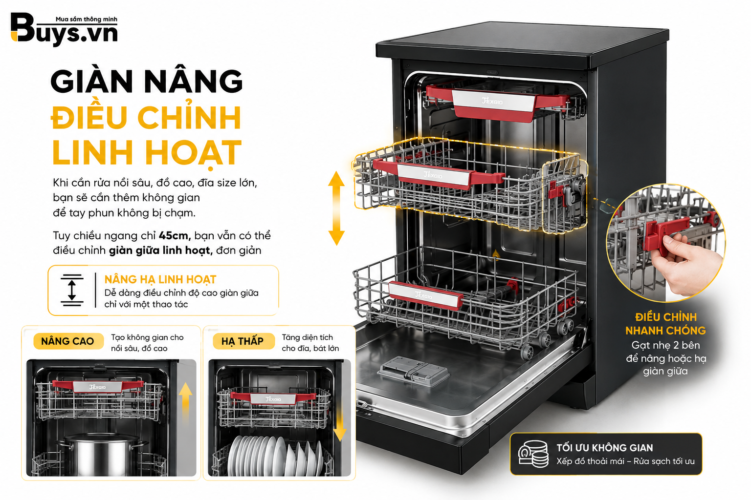 MÁY RỬA BÁT TEXGIO TGF87W45B ELITE 29 CHỨC NĂNG GIÀN NÂNG ĐIỀU CHỈNH LINH HOẠT - TỐI ƯU HÓA KHÔNG GIAN BÊN TRONGMột trong những điểm cộng lớn nhất về thiết kế nội thất của máy rửa bát Texgio TGF87W45B Elite chính là hệ thống giàn nâng điều chỉnh linh hoạt. Mặc dù sở hữu kích thước chiều ngang khá khiêm tốn chỉ 45cm (chuẩn Slimline), không gian bên trong máy lại được nhà sản xuất tính toán và tối ưu hóa một cách đáng kinh ngạc. Giải quyết bài toán đồ vật quá khổ: Trong quá trình nấu nướng, chắc chắn bạn sẽ phải làm sạch những vật dụng cồng kềnh như nồi canh sâu lòng, lọ thủy tinh cao, hoặc các loại đĩa size lớn. Thay vì phải chật vật xếp đồ, bạn có thể dễ dàng nâng lên hoặc hạ xuống giàn rửa ở giữa chỉ với một thao tác đơn giản. Bảo vệ hệ thống tay quay phun nước: Việc mở rộng không gian theo chiều dọc giúp các vật dụng cao lớn ở giàn dưới không bị vướng hay chạm vào tay phun nước (spray arm). Điều này đảm bảo tay quay được xoay tròn tự do, phun các tia nước áp lực cao tiếp cận đến mọi ngóc ngách của bát đĩa. Máy rửa bát Texgio TGF87W45B Elite- Bus.vn (6)