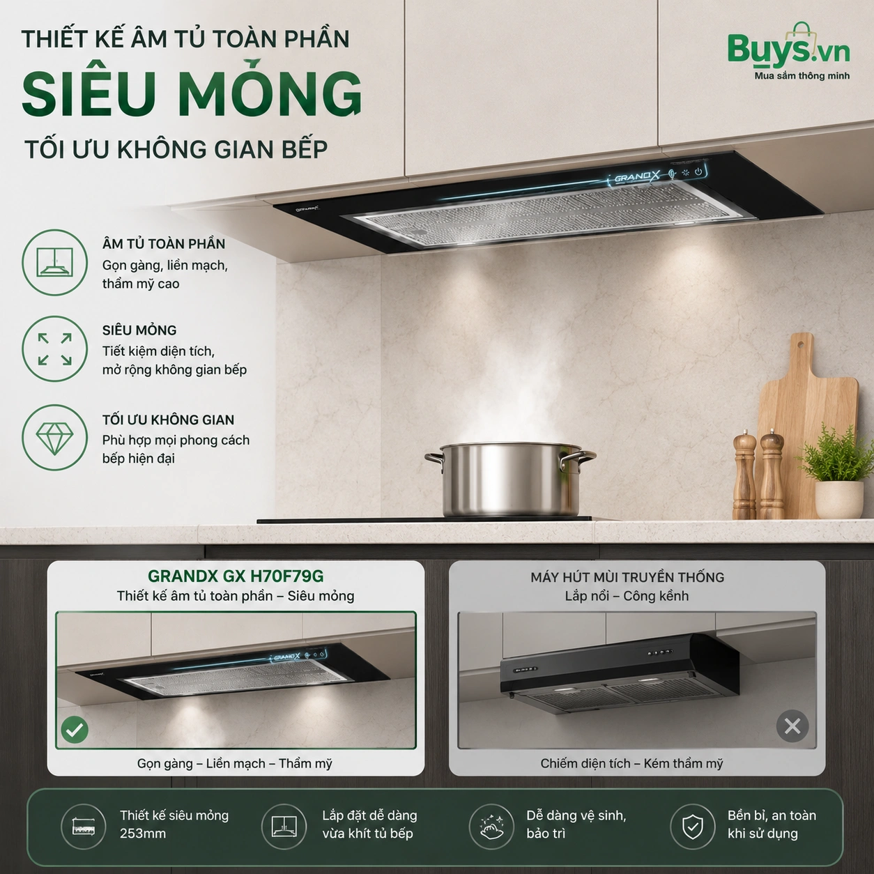MÁY HÚT MÙI GRANDX GX H70F79G - Âm tủ toàn phần 26 máy hút mùi GrandX GX H70F79G