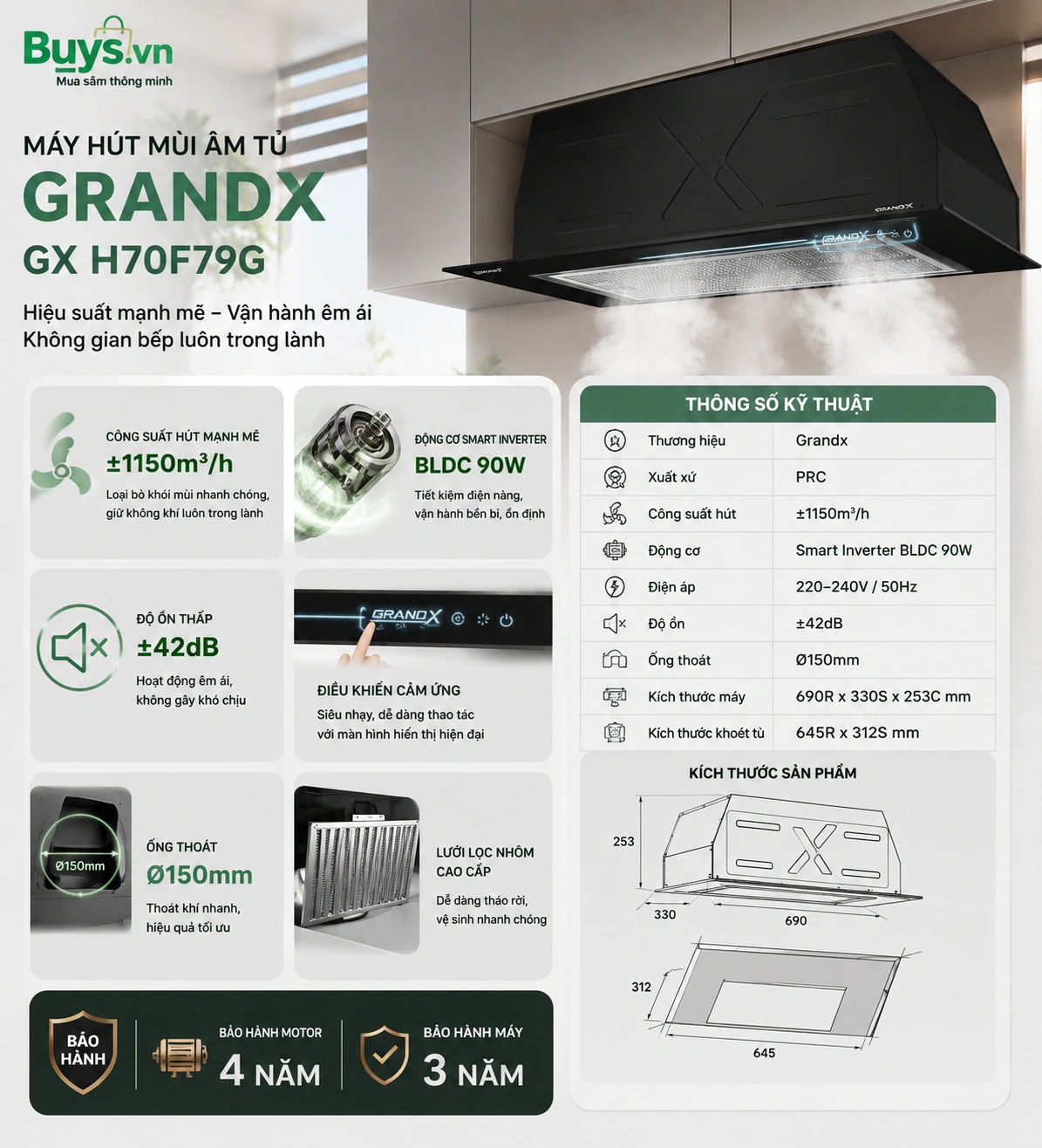 MÁY HÚT MÙI GRANDX GX H70F79G - Âm tủ toàn phần 25 máy hút mùi GrandX GX H70F79G