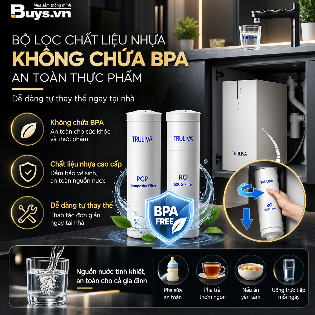 Máy Lọc Nước Âm Tủ Bếp Truliva Eco 600G HOT
